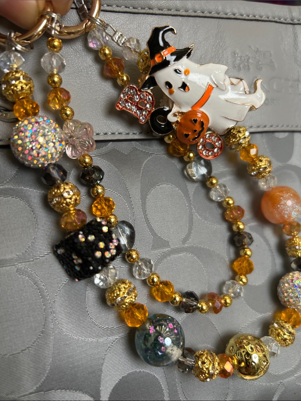 Halloween Ghost Beaded Keychain Charm - Orange & White